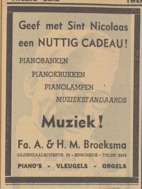 Oldenzaalsestraat 23 Fa. Broeksma sinterklaasadvertentie Tubantia 4-12-1940.jpg
