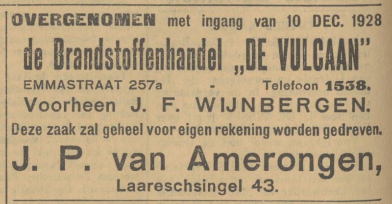 Emmastraat 257a J.P. v. Amerongen Brandstoffenhandel De Vulcaan advertentie Tubantia 211-12-1928.jpg