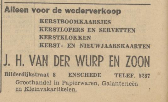 Bilderdijkstraat 8 J.H. van der Wurp en Zoon kerstadvertentie Tubantia 12-12-1950.jpg