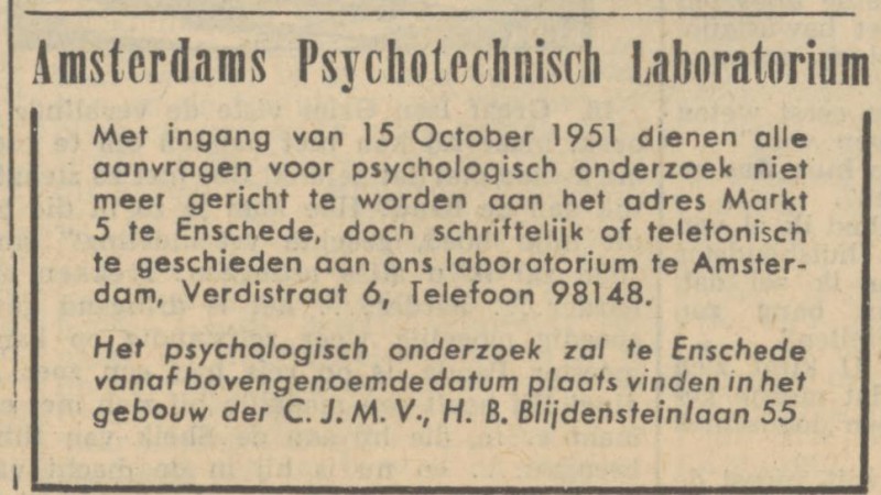 Markt 5 Amsterdams Psychotechnisch Laboratorium advertentie Tubantia 13-10-1951.jpg