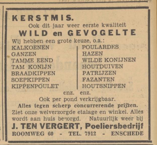 Roomweg 60 J. ten Vergert Poeliersbedrijf kerstadvertentie Tubantia 19-12-1951.jpg