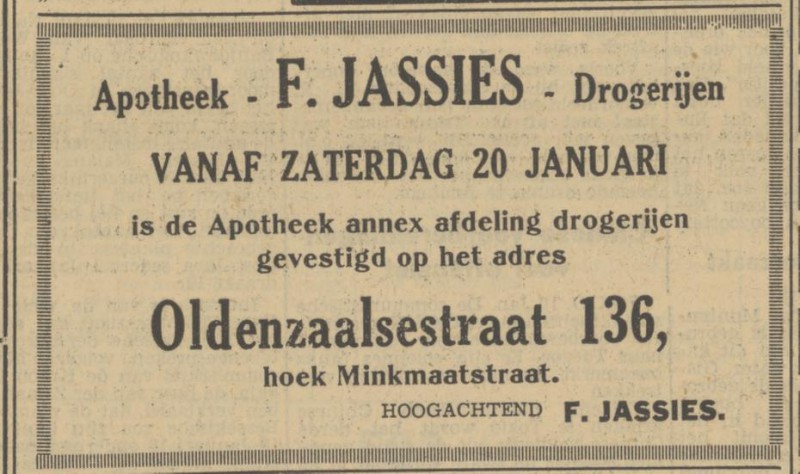 Oldenzaalsestraat 136 hoek Minkmaatstraat Apotheek F. Jassies advertentie Tubantia 19-1-1951.jpg