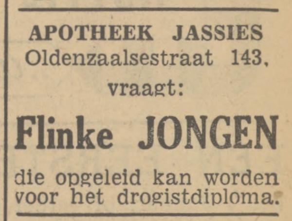 Oldenzaalsestraat 143 Apotheek Jassies advertentie Tubantia 6-10-1948.jpg