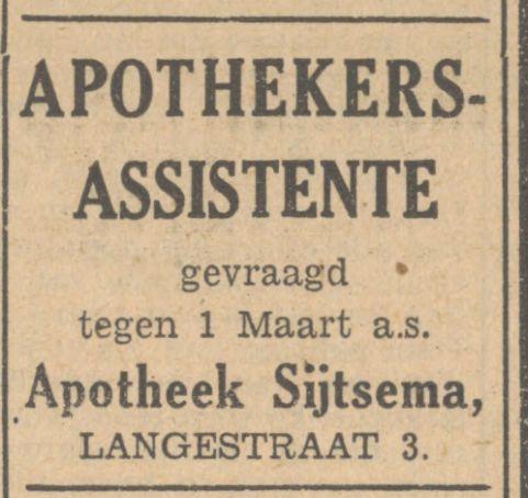 Langestraat 3 Apotheek Sijtsema advertentie Tubantia 8-2-1949.jpg