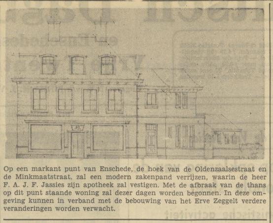 Oldenzaalsestraat hoek Minkmaatstraat Apotheek F.A.J.F. Jassies krantenbericht 6-6-1950..jpg