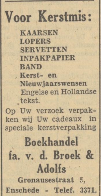Gronausestraat 5 Boekhandel Fa. v.d. Broek & Adolfs kerstadvertentie Tubantia 19-12-1949.jpg