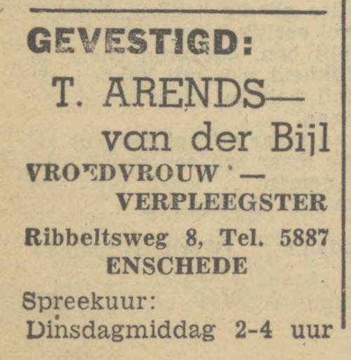 Ribbeltsweg 8 T. Arends-van der Bijl vroedvrouw-verpleegster advertentie Tubantia 29-11-1946.jpg