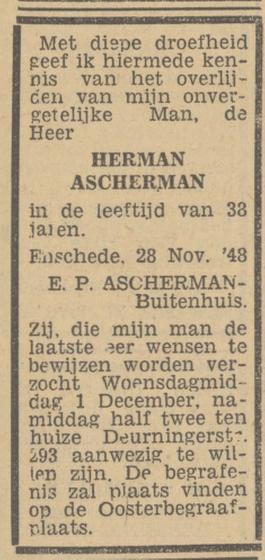 Deurningerstraat 293 Herman Ascherman overlijdensadvertentie Tubantia 29-11-1948.jpg