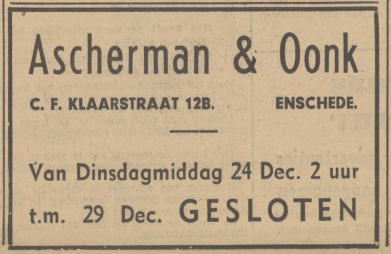 C.F. Klaarstraat 12b Ascherman & Oonk advertentie Tubantia 19-12-1940.jpg