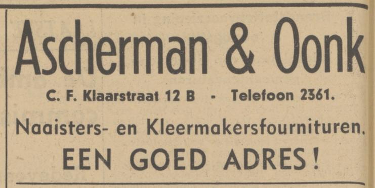 C.F. Klaarstraat 12b Ascherman & Oonk advertentie Tubantia 29-5-1940.jpg