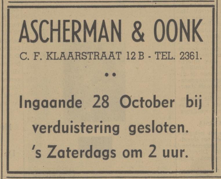 C.F. Klaarstraat 12b Ascherman & Oonk advertentie Tubantia 26-10-1940.jpg