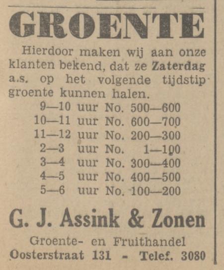 Oosterstraat 131 Groente- en Fruithandel G.J. Assink & Zonen advertentie Tubantia 14-8-1942.jpg