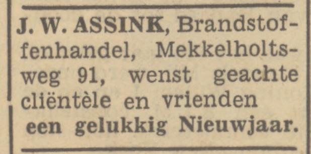 Mekkelholtsweg 91 J.W. Assink Brandstofenhandel advertentie Tubantia 31-12-1949.jpg