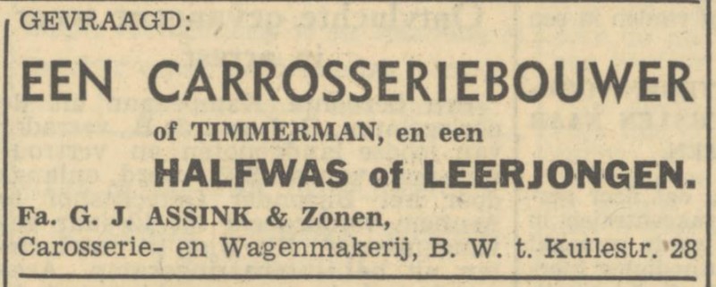 B.W. ter Kuilestraat 28 Fa. G.J. Assink Carosserie- en Wagenmakerij advertentie Tubantia 22-10-1949.jpg