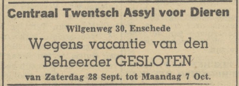 Wilgenweg 30 Centraal Twentsch Asyl voor Dieren advertentie Tubantia 25-9-1946.jpg