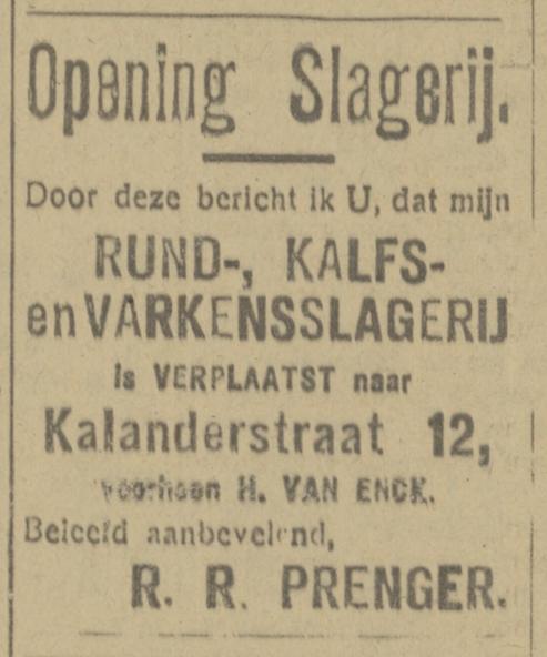Kalanderstraat 12 Rund-, Kalfs- en Varkensslager R.R. Prenger advertentie Tubantia 18-3-1921.jpg