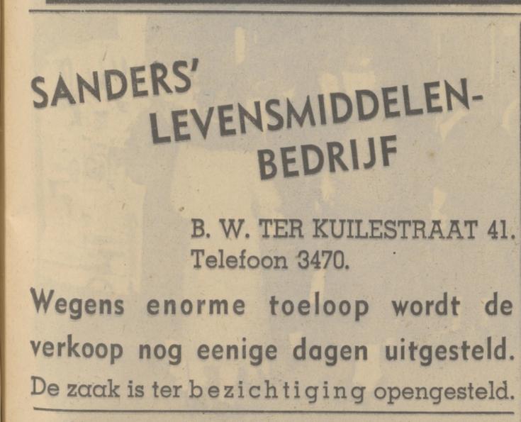 B.W. ter Kuilestraat 41 Sanders Levensmiddelenbedrijf advertentie Tubantia 2-2-1939.jpg