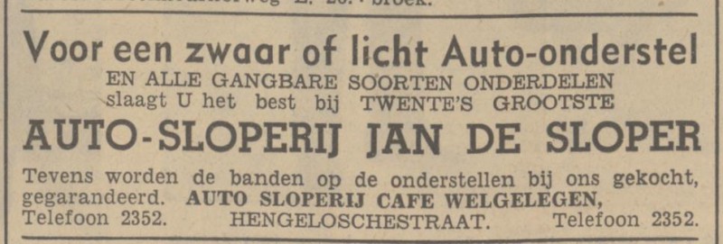 Hengelosestraat Jan de Sloper Auto- en Motor Slooperij bij cafe Welgelegen advertentie Tubantia 14-4-1937.jpg