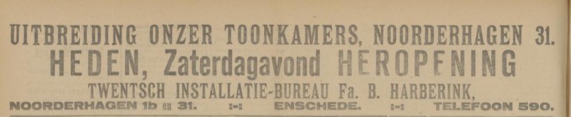 Noorderhagen 31 Fa. B. Harberink Twentsch Installatie Bureau advertententie Tubantia 14-10-1922.jpg