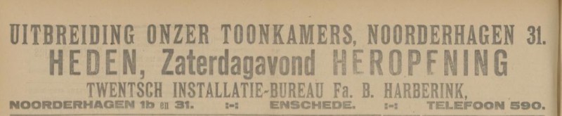 Noorderhagen 31 Fa. B. Harberink Twentsch Installatie Bureau advertententie Tubantia 14-10-1922.jpg