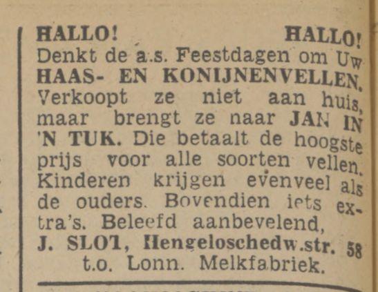 Hengelosedwarsstraat 58 J. Slot haas- en konijnenvellen advertentie Twentsch dagblad Tubantia en Enschedesche courant. Enschede, 16-12-1939..jpg