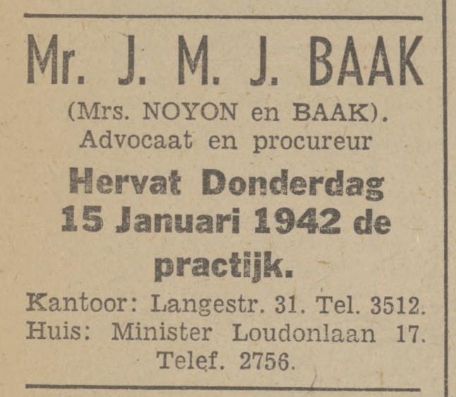 Minister Loudonlaan 17 Mr. J.M.J. Baak advertentie Tubantia 13-1-1942.jpg
