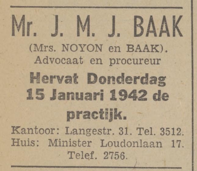 Minister Loudonlaan 17 Mr. J.M.J. Baak advertentie Tubantia 13-1-1942.jpg