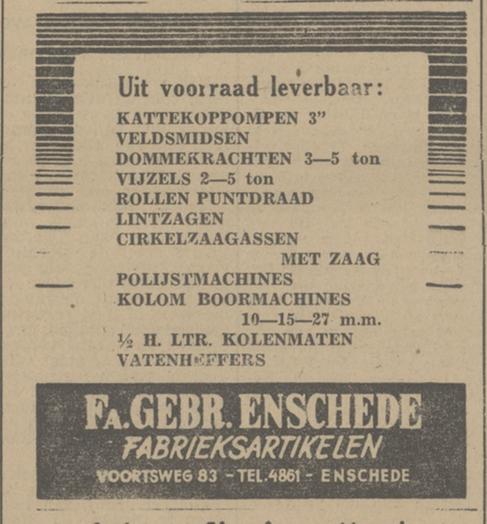 Voortsweg 83 Fa. Gebr. Enschede in fabrieksartikelen advertentie Tubantia 24-12-1947.jpg