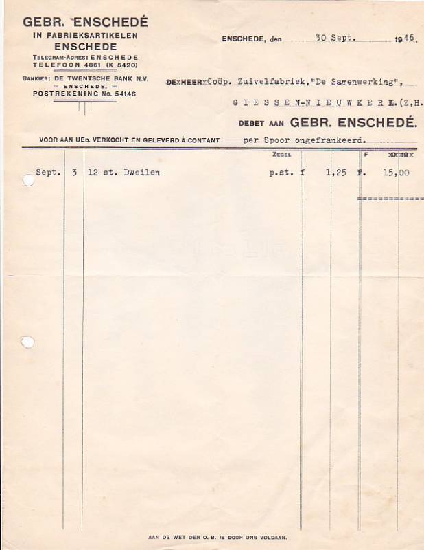 Voortsweg 83 Gebr. Enschede te Enschede Rekening 1946.jpg