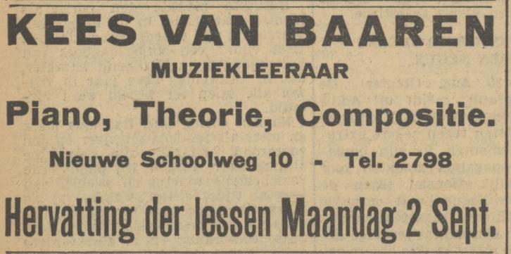 Nieuwe Schoolweg 10 Kees van Baaren Muziekleeraar advertentie Tubantia 30-8-1935.jpg