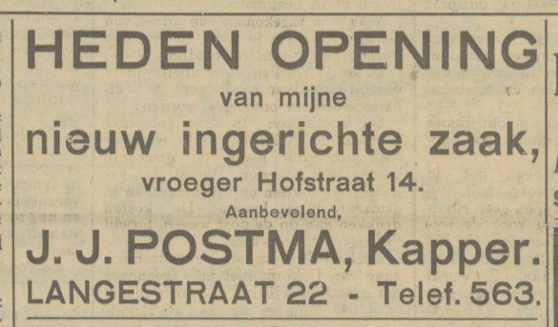 Langestraat 22 kapper J.J. Postma advertentie Tubantia 26-6-1926.jpg