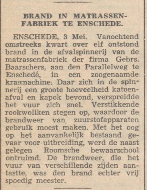 Parallelweg Matrassenfabriek Gebr. Baarschers brand krantenbericht 6-5-1938.jpg