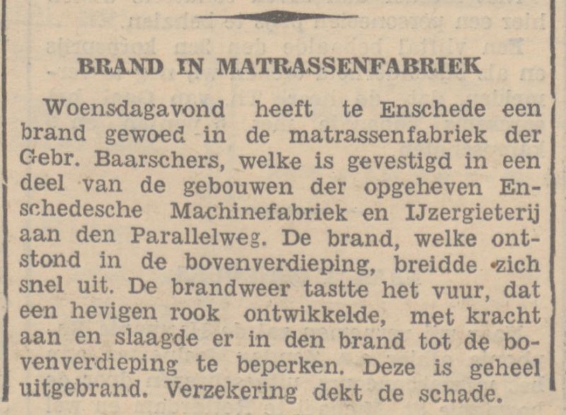 Parallelweg Matrassenfabriek Gebr. Baarschers brand krantenbericht 22-5-1936.jpg