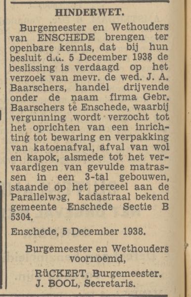 Parallelweg Matrassenfabriek Gebr. Baarschers Hinderwetadvertentie Tubantia 6-12-1938.jpg