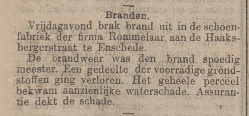Haaksbergerstraat schoenfabriek Rommelaar krantenbericht 29-11-1909.jpg