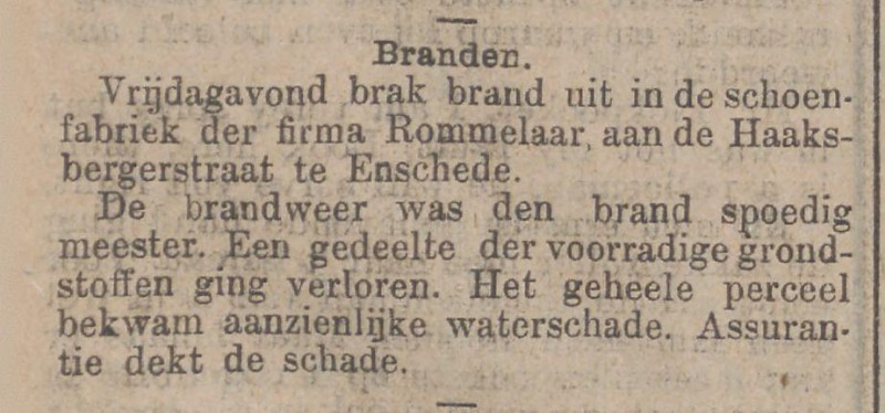 Haaksbergerstraat schoenfabriek Rommelaar krantenbericht 29-11-1909.jpg