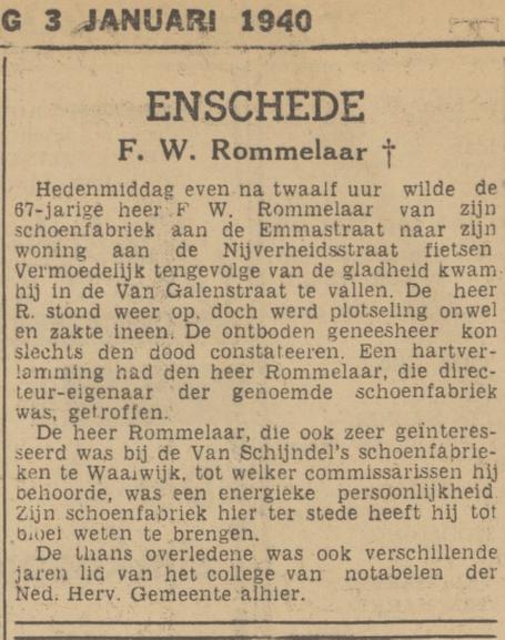 Emmastraat schoenfabriek eigenaar J.W. Rommelaar overleden krantenbericht Tubantia 3-1-1940.jpg