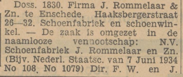 Haaksbergerstraat 26-32 schoenfabriek Rommelaar naar Emmastraat 190 krantenbericht Tubantia 2-7-1934.jpg