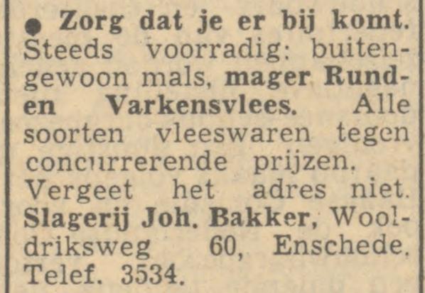 Wooldriksweg 60 Joh. Bakker slagerij advertentie Tubantia 7-6-1951.jpg