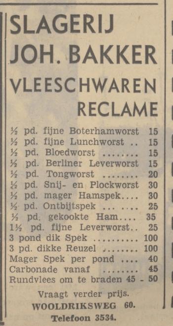 Wooldriksweg 60 Joh. Bakker slagerij advertentie Tubantia 4-5-1939.jpg