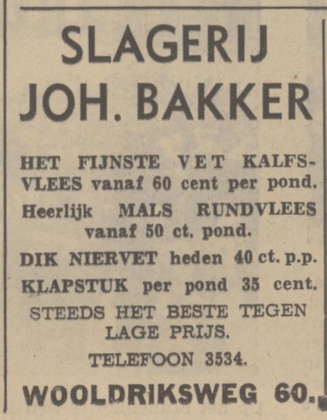 Wooldriksweg 60 Joh. Bakker slagerij advertentie Tubantia 1-9-1938.jpg