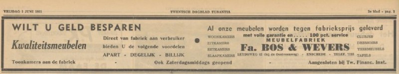 Leijdsweg 62 Meubelfabriek Bos en Wevers advertentie Tubantia 1-6-1951.jpg