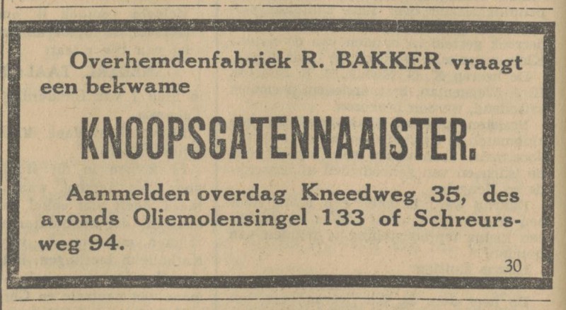 Oliemolensingel 133 R. Bakker advertentie Tubantia 25-1-1930.jpg