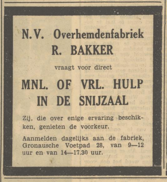 Gronausevoetpad 28 R. Bakker Overhemdenfabriek advertentie Tubantia 12-8-1950.jpg