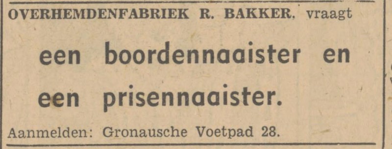 Gronausevoetpad 28 R. Bakker Overhemdenfabriek advertentie Tubantia14-2-1947.jpg