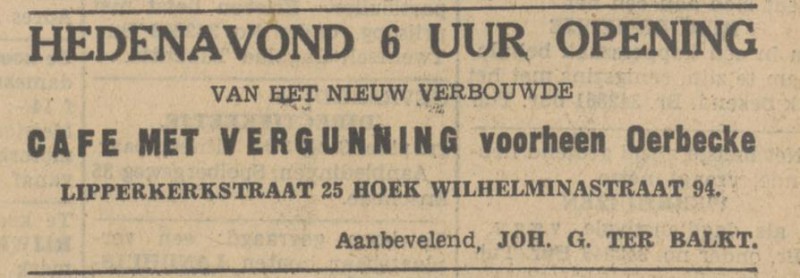 Lipperkerkstraat 25 cafe Joh. G. ter Balkt voorheen Oerbeckeadvertentie Tubantia 13-10-1934.jpg