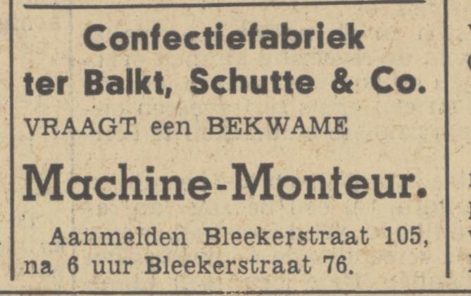Blekerstraat 105 Ter Balkt, Schutte & Co.Confectiefabriek advertentie Tubantia 13-1-1939.jpg
