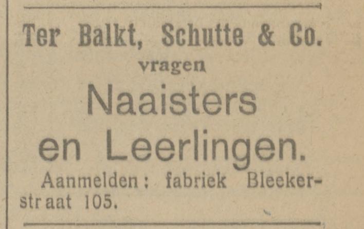 Blekerstraat 105 Ter Balkt, Schutte & Co. advertentie Tubantia 3-5-1922.jpg