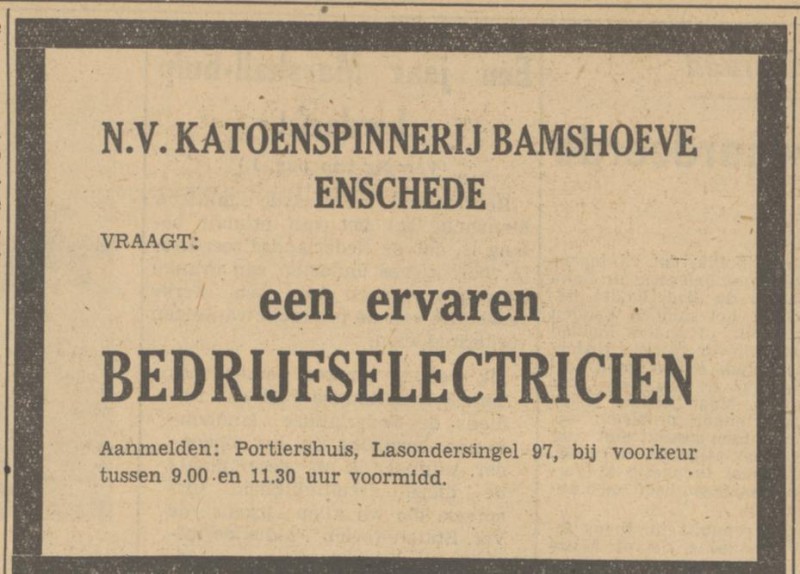 Lasondersingel 97 Katoenspinnerij Bamshoeve advertentie Tubantia 5-4-1949.jpg
