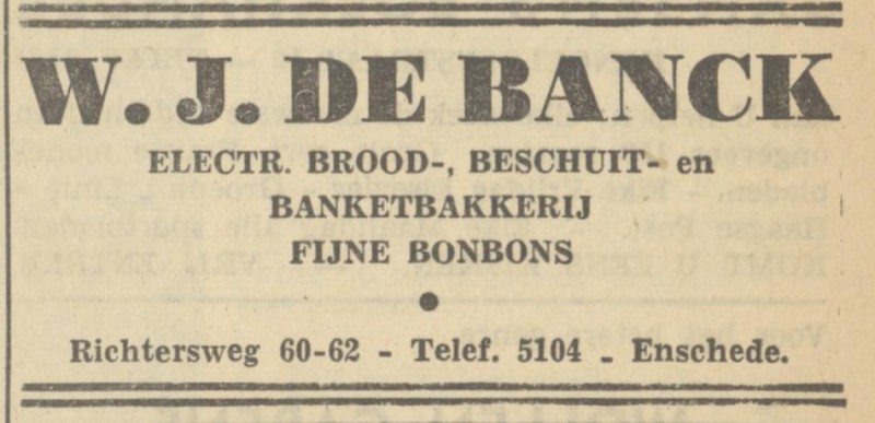Richtersweg 60-62 W.J. de Banck Brood- en Banketbakkerij advertentie Tubantia 25-10-1949.jpg